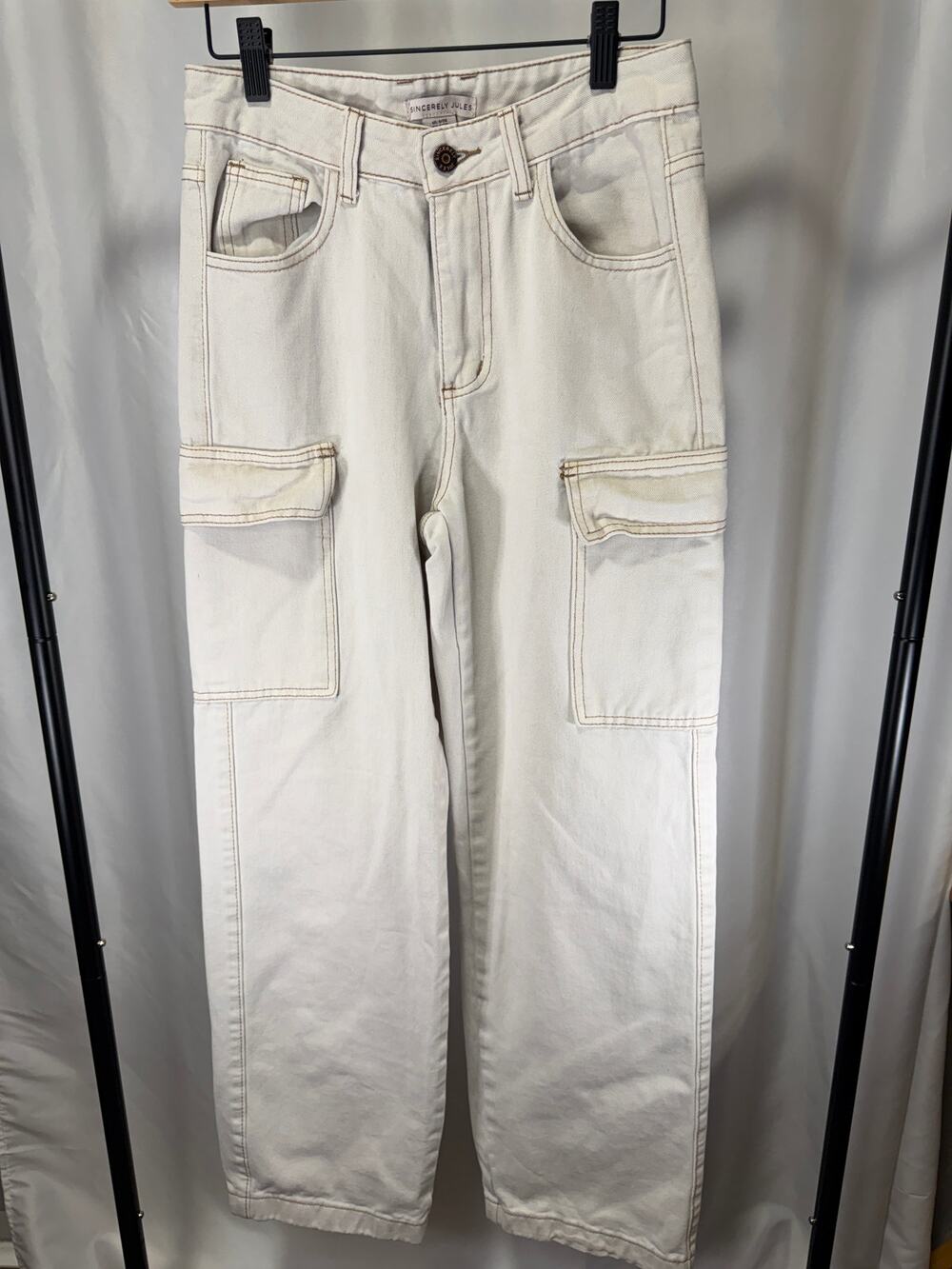 Sincerely Jules Cargo Jeans Women 5/26 Cream Wide Leg Utility Pocket Pants
